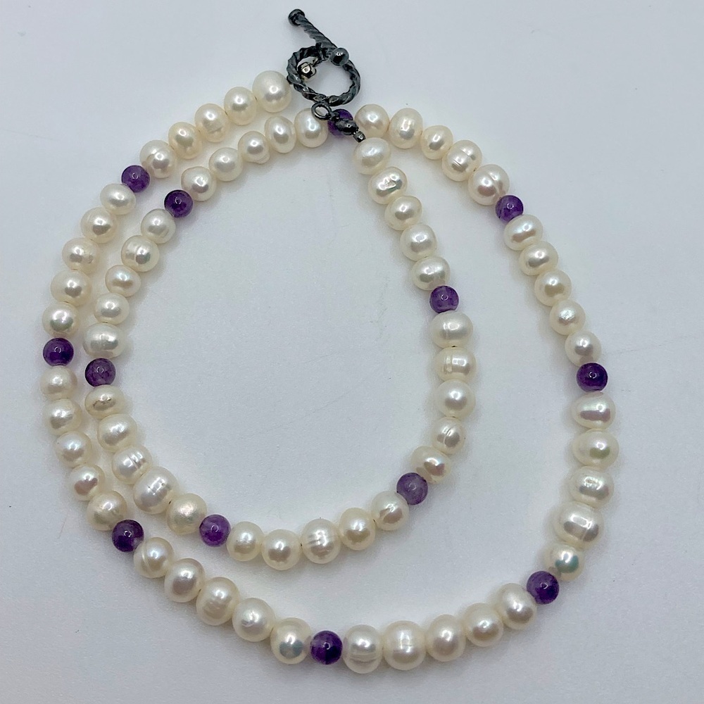 𝅺freshwater Pearl & Amethyst Bead Necklace Silver Tone Toggle Clasp Approx 17”